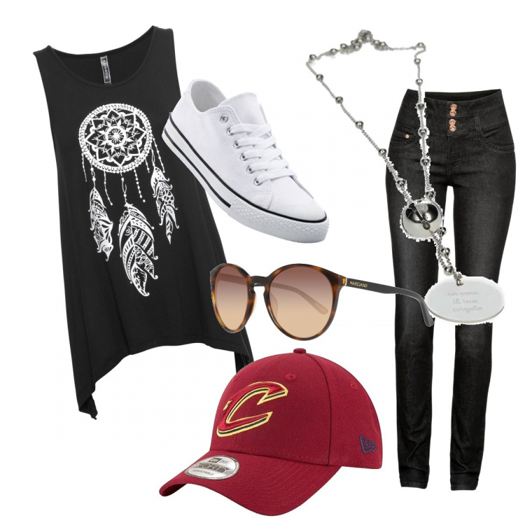 Outfit donna - Primi caldi... in terrazza. Stile Rock per Tutti i giorni. Abbinamento con top, jeans skinny, scarpe sportive, collane, cappello, occhiali da sole.