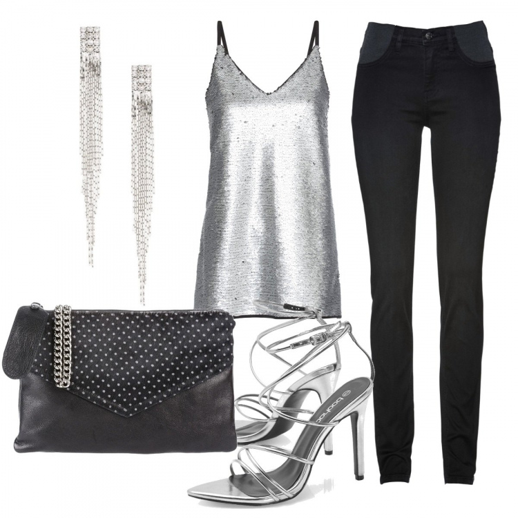 Outfit donna - Serata scintillante. Stile Sexy per Serata fuori. Abbinamento con jeans skinny, orecchini, top, borsa a mano, scarpe col tacco.