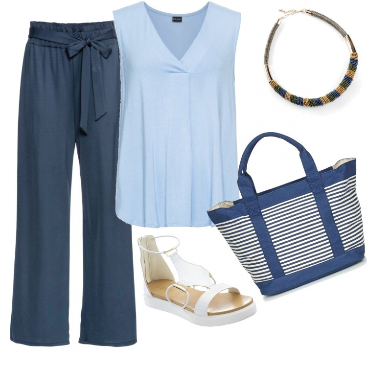 Outfit donna - Gita fuoriporta. Stile Basic Abbinamento con top, cardigan, sandali, maglieria, shopping bag.