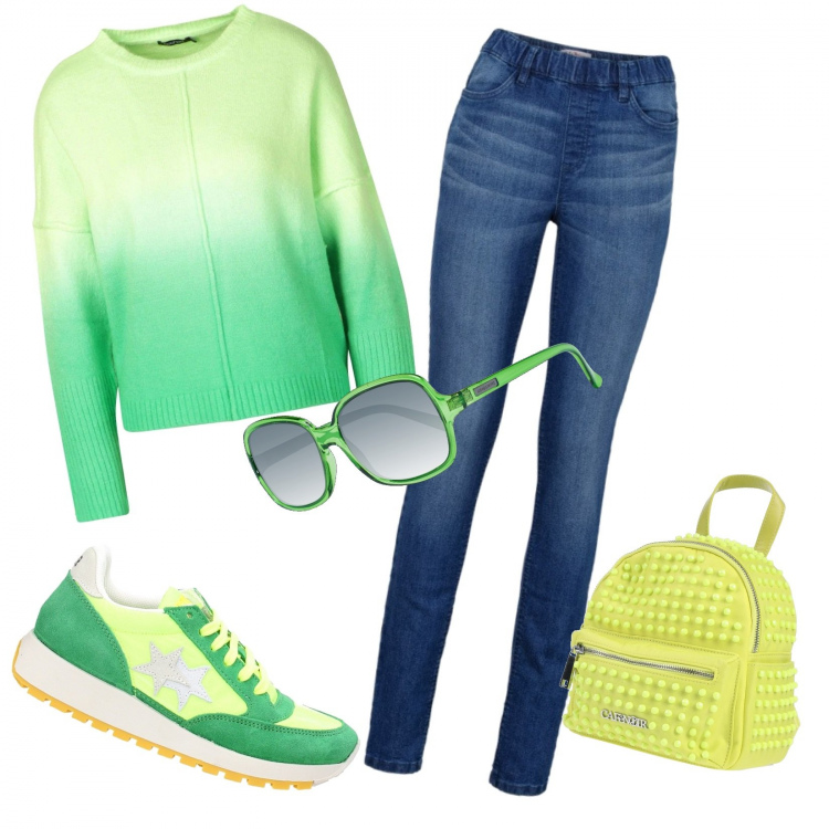 Outfit donna - Dettagli fluorescenti!. Stile Basic per Tutti i giorni. Abbinamento con jeggings, zaini, pullover, sneakers, occhiali da sole.