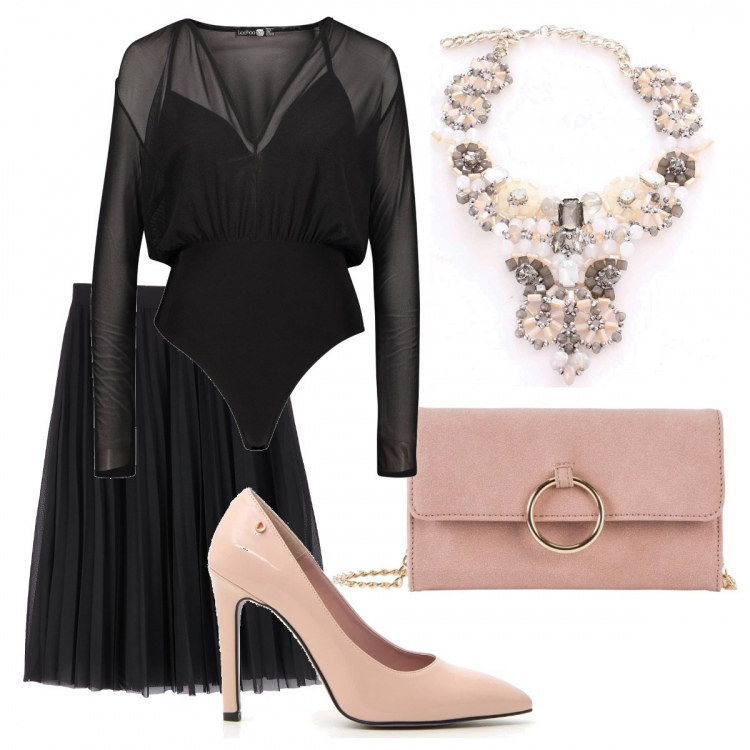 Outfit donna - Nero e cipria. Stile Chic per Serata fuori. Abbinamento con cappotti, gonna, corpo, collana, décolleté.