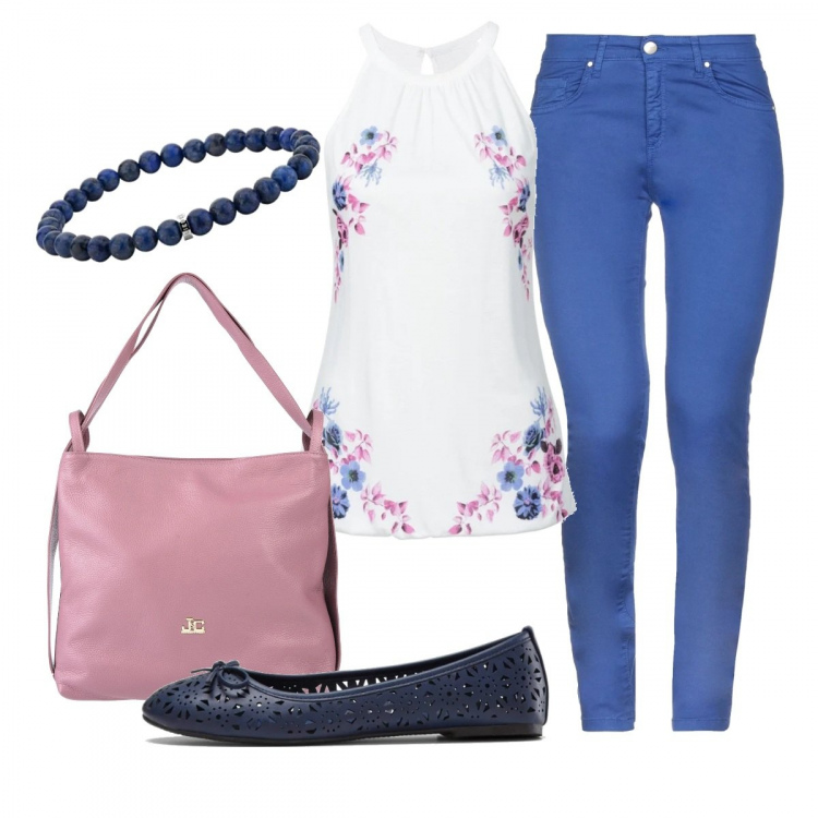 Outfit donna - A spasso per la città. Stile Basic per Tutti i giorni. Abbinamento con ballerine, top, pantalone lungo, borsa a mano, ciondolo.