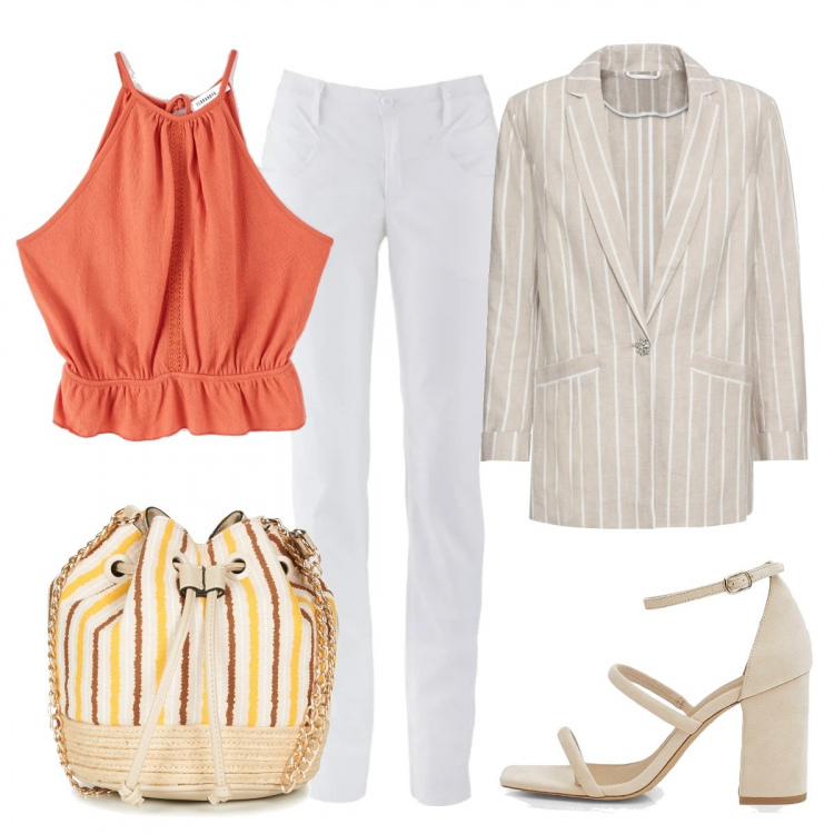 Outfit donna - Waiting for Summer. Stile Trendy per Mare. Abbinamento con pantaloni, blazer, top, sandali col tacco, borsa a tracolla.