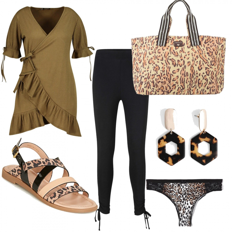 Outfit donna - Comoda in animalier. Stile Basic per Tutti i giorni. Abbinamento con borse a mano, tute, orecchini, slip, vestito, sandali.