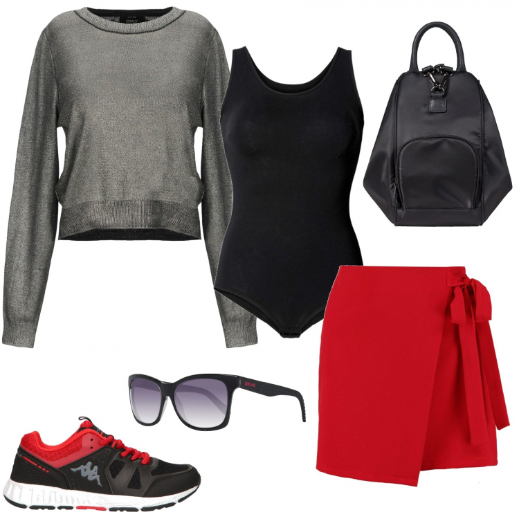 Outfit donna - BloodyRed. Stile Urban per Scuola/Università. Abbinamento con body, zaino, pullover, gonna, sneakers, occhiali da sole.