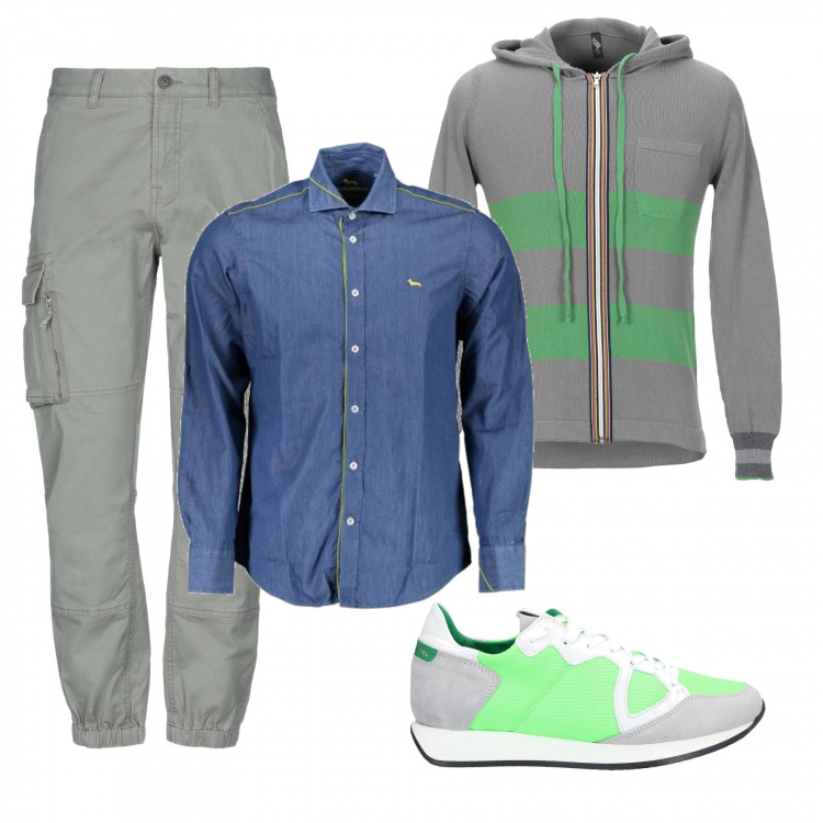 Outfit uomo - Grigliata di Pasqua in giardino. Stile Casual per Tutti i giorni. Abbinamento con cardigans, pantalone lungo, sneakers, camicia.