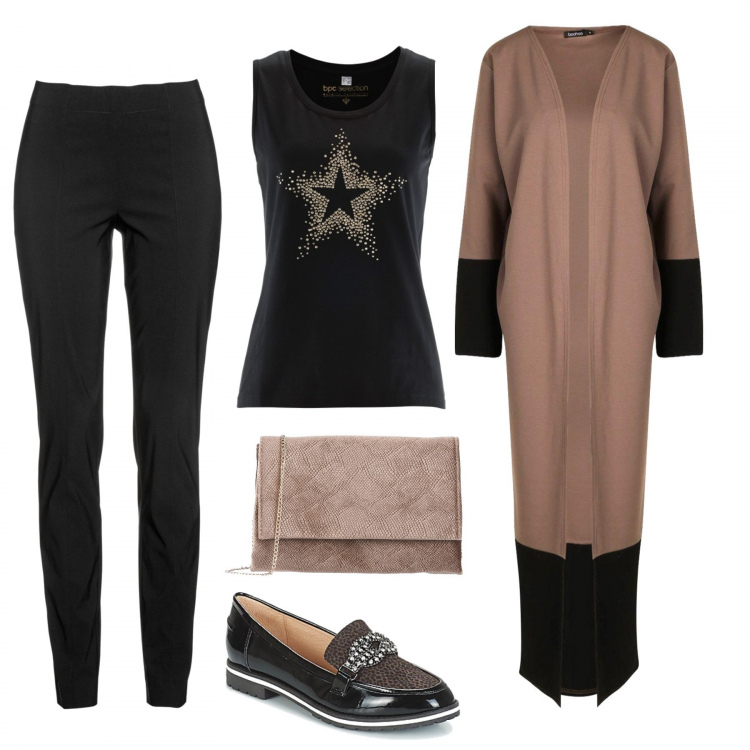 Outfit donna - Sofisticata. Stile Trendy per Tutti i giorni. Abbinamento con pantaloni, top, borsa a mano, cardigan, mocassini.