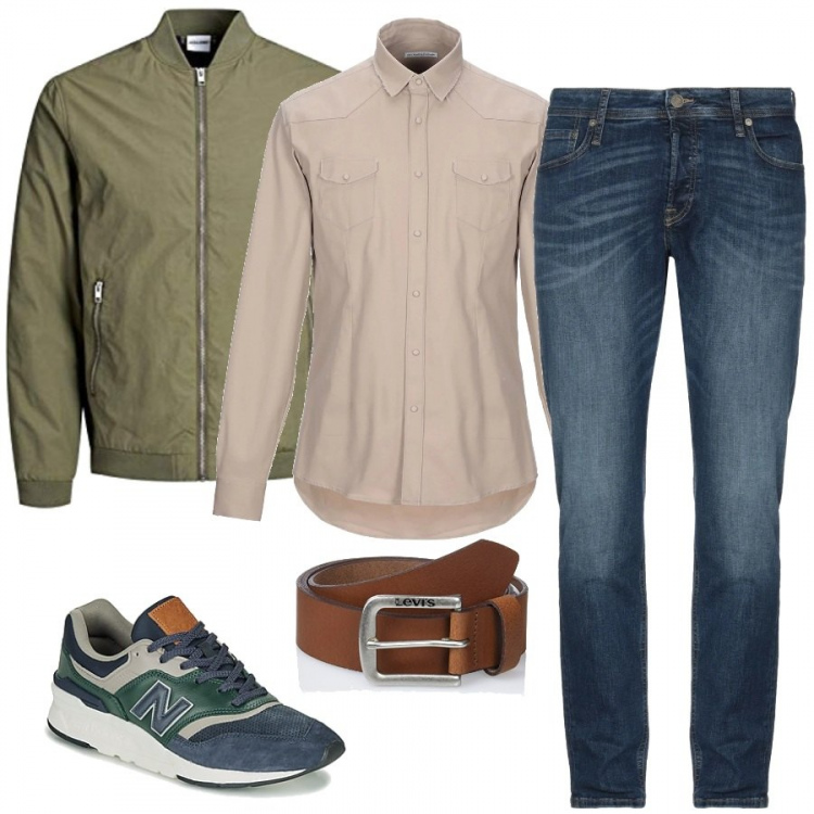 Outfit hombre - Street. Estilo Urban para Todos los días. Combinación con cinturones y tirantes marrone, bomber verde, sneakers, vaqueros, camisas grigio.