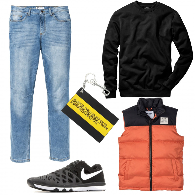 Outfit uomo - Gilet trapuntato. Stile Casual per Tutti i giorni. Abbinamento con felpe, cardigans, jeans slim fit, portachiavi, sneakers.