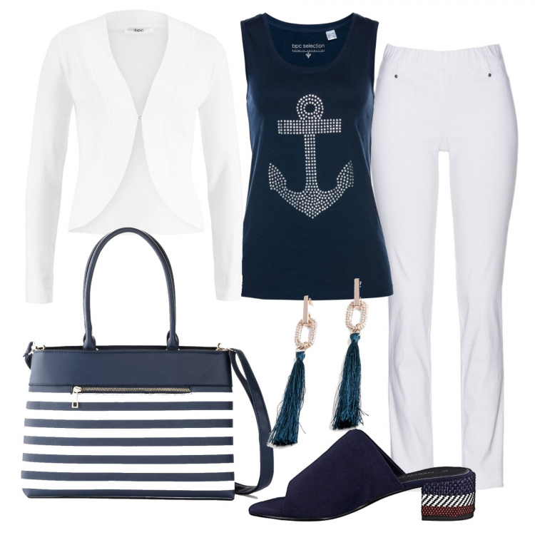 Outfit donna - Stile marinero. Stile Trendy per Tutti i giorni. Abbinamento con pantaloni, top, blazer, portafogli, orecchini, sabot.