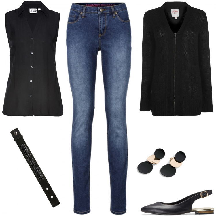 Outfit donna - Nero a casa. Stile Basic per Tutti i giorni. Abbinamento con jeans skinny, ballerine, camicie, orecchini, braccialetti, cardigans.