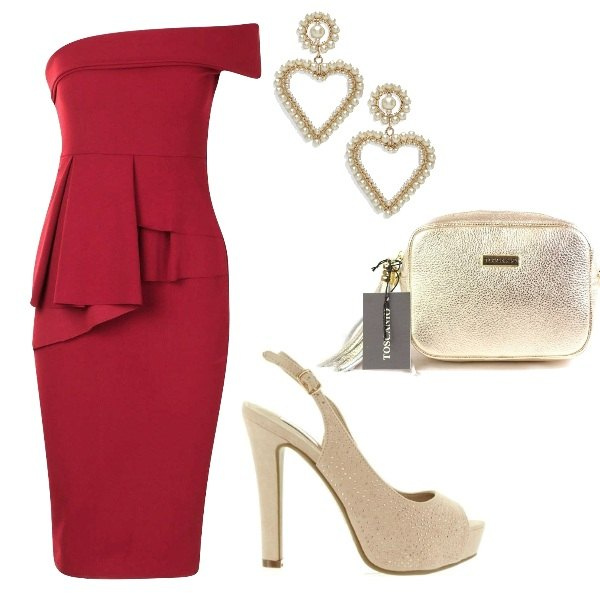 Outfit mujer - Fiesta / noche - Low cost. Estilo Chic para Ceremonia. Combinación con zapatos de tacón, clutch oro, vestito midi con cintura aderente, pendientes pastello.