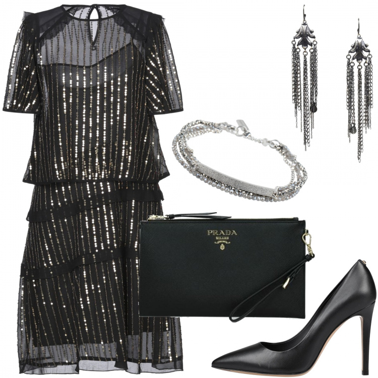 Outfit donna - Petite ma elegante. Stile Trendy per Serata fuori. look ideale per Petite. Abbinamento con braccialetto, vestiti midi/longuette, orecchini, zeppe, pochette.