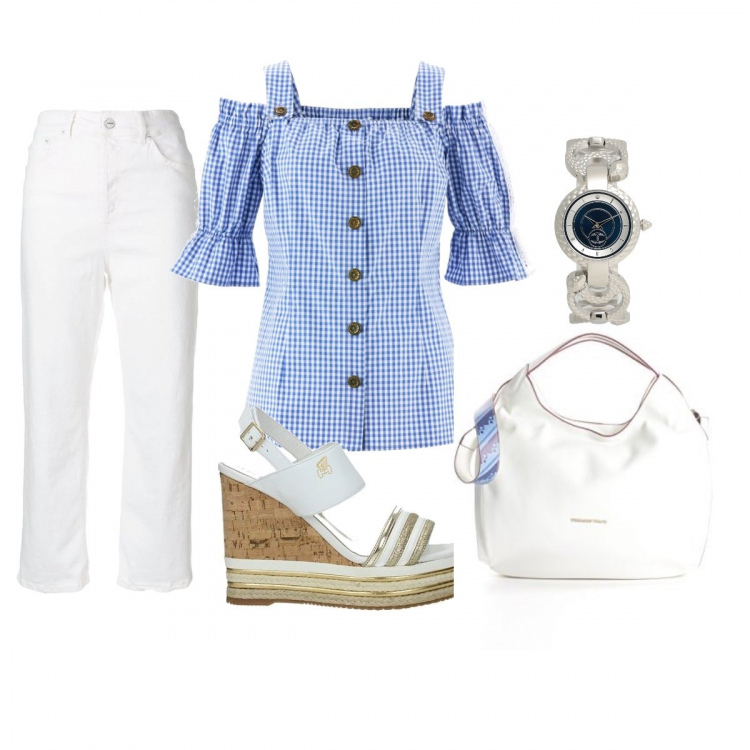 Outfit donna - Just cavalli time. Stile Basic per Tutti i giorni. Abbinamento con camicie a manica corta, orologi, zeppe, pantalone lungo, borsa.