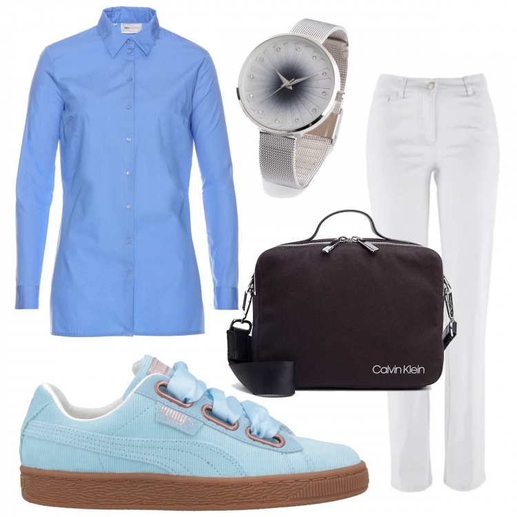 Outfit donna - Look comodo da smart working. Stile Basic per Tutti i giorni. Abbinamento con pantaloni, camicia, orologi, sneakers, borsa.