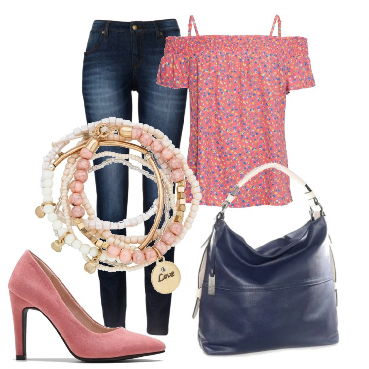 Outfit donna - Country chic. Stile Basic per Tutti i giorni. Abbinamento con jeans skinny, braccialetti, bluse, décolleté, borsa a spalla.