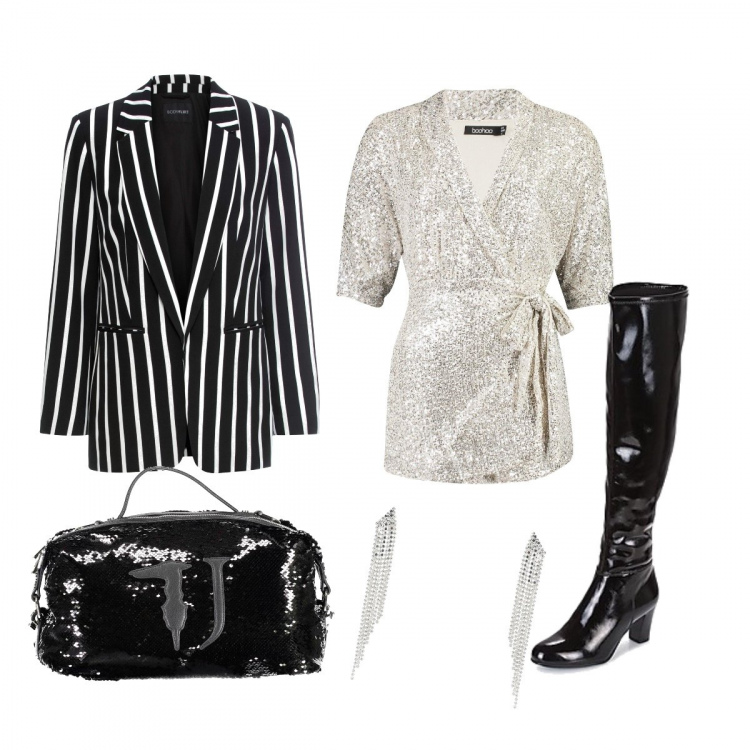 Outfit donna - Chic e sexy. per Serata fuori. look ideale per Petite. Abbinamento con blazer, orecchini, blazer, stivali, borsa a mano.