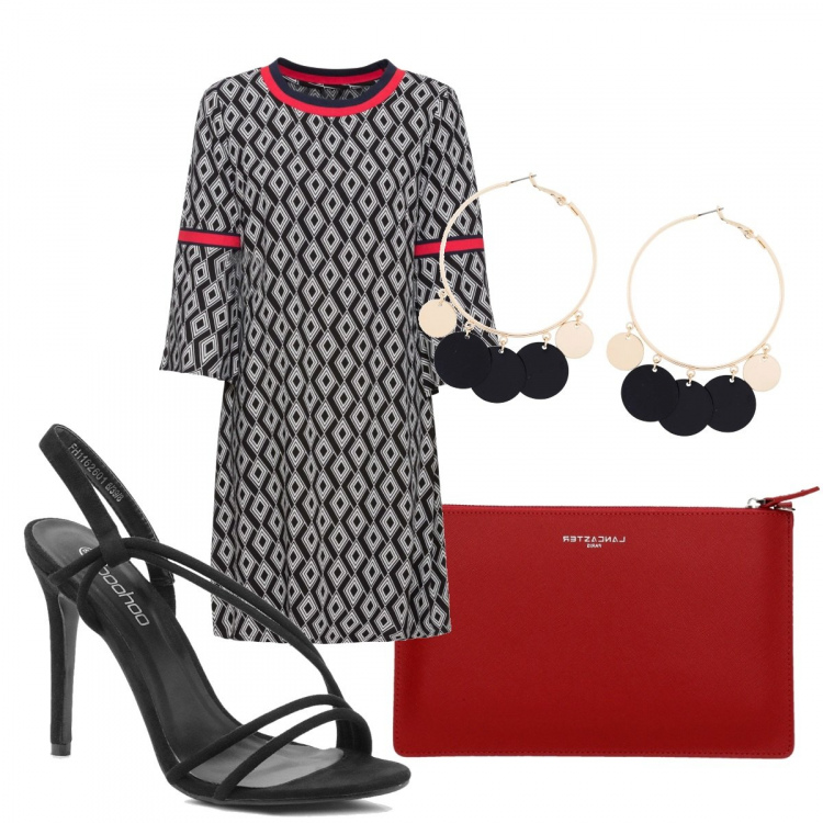 Outfit donna - Rombi. Stile Basic per Tutti i giorni. Abbinamento con vestiti, orecchini, scarpe col tacco, pochette.