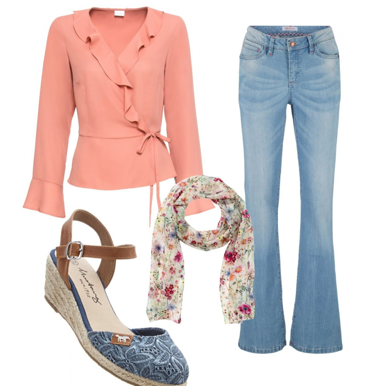 Outfit donna - Basic #12279. Stile Basic per Tutti i giorni. Abbinamento con jeans bootcut, foulard, camicie, sandali.
