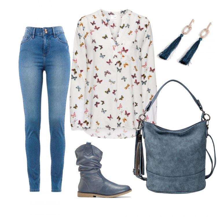 Outfit donna - Urban #9813. Stile Urban per Tutti i giorni. Abbinamento con bluse, jeans slim fit, stivaletti, borse a tracolla, orecchini.
