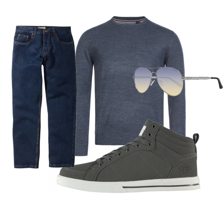 Outfit uomo - Semplice. Stile Casual per Tutti i giorni. Abbinamento con jeans dritti, pullovers, occhiali da sole, sneakers alte.