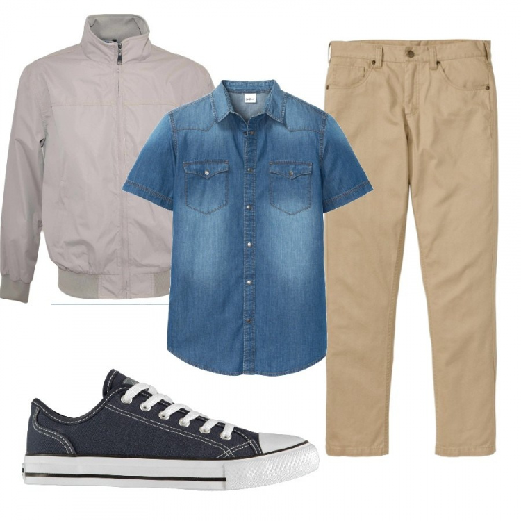 Outfit uomo - outfit. Stile Casual per Tutti i giorni. Abbinamento con camicie a manica corta, pantaloni, giubbotto, sneakers.