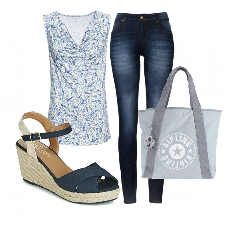 Outfit donna - Basic in jeans. Stile Basic per Tutti i giorni. Abbinamento con jeans skinny, top, borsa a mano, sandali.