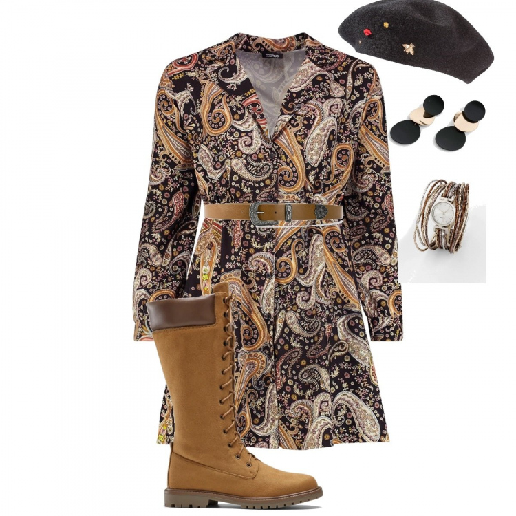 Outfit donna - Comfortable & Fashion. Stile Trendy Abbinamento con cappelli e berretti, stivali, stivaletti texani, orologi, orecchini, vestito chemisier.