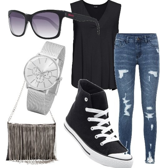 Outfit donna - Kylie Jenner casual. Stile Basic per Tutti i giorni. Abbinamento con top, jeans strappati, sneakers alte, borse a mano, pantaloni skinny, occhiali da sole.