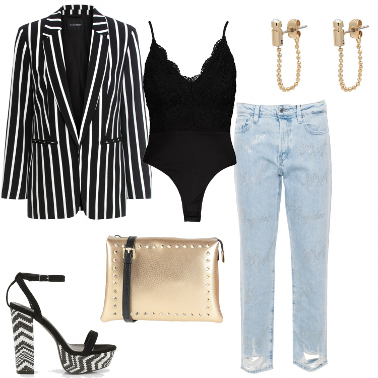 Outfit donna - LasVegas. Stile Sexy per Serata fuori. Abbinamento con blazer, orecchini, borsa a mano, body, scarpa col tacco, jeans dritti.