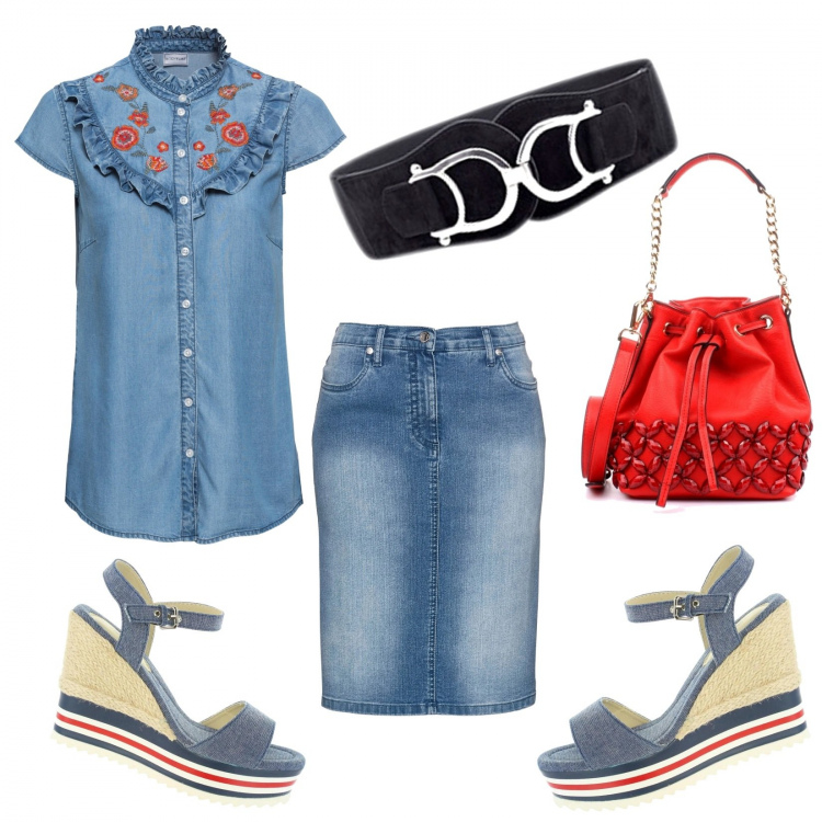 Outfit donna - Denim Primaverile!. Stile Trendy per Tutti i giorni. Abbinamento con cinture, gonne, maglieria, borse a secchiello, sandali.