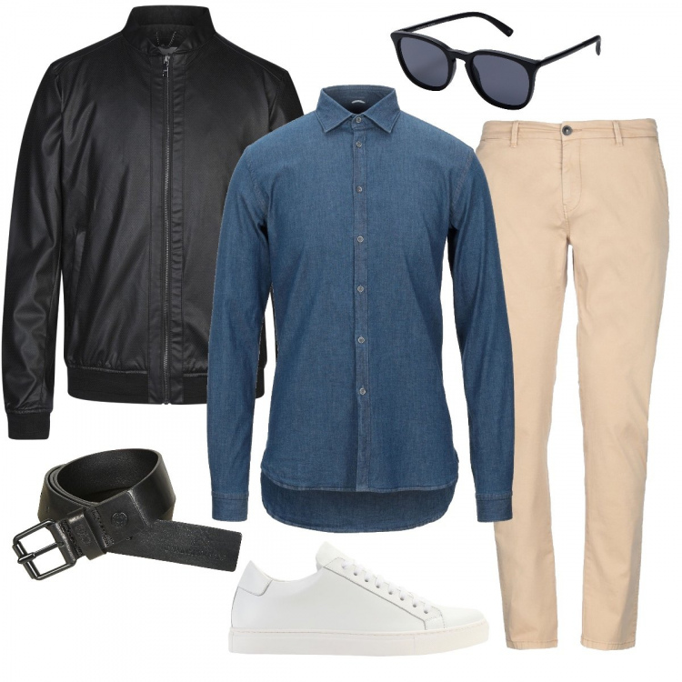 Outfit uomo - Un basico trendy per tutti i giorni. Stile Casual per Tutti i giorni. Abbinamento con cintura, camicia, sneakers, cappotti, occhiali da sole, pantaloni.