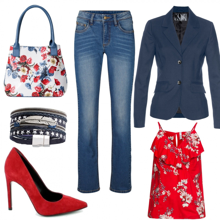 Outfit donna - Rosso e jeans. Stile Urban per Ufficio. Abbinamento con jeans dritti, blazer, blazer, borse a mano, felpe con cappuccio, scarpa.