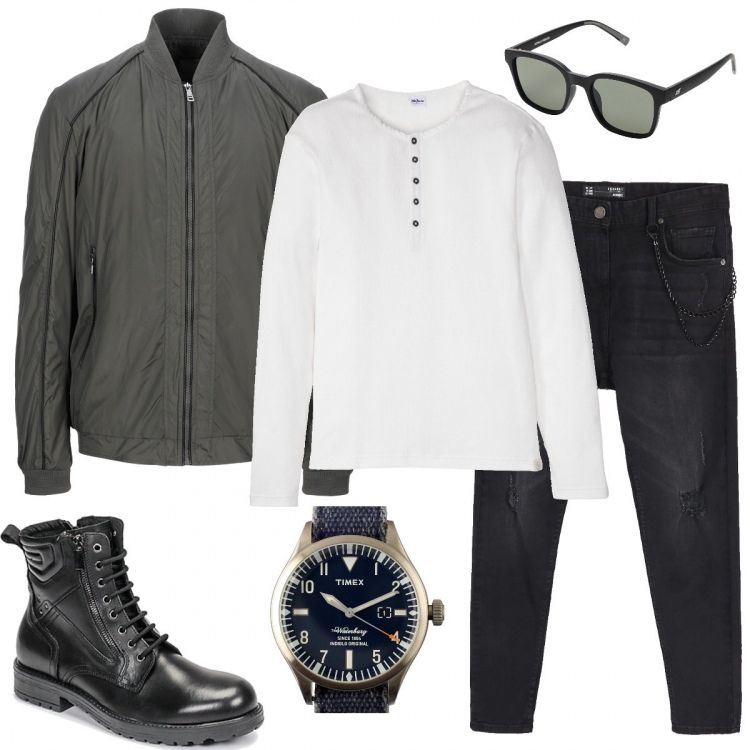Outfit uomo - Casual con un tocco di rock. Stile Casual per Tutti i giorni. Abbinamento con stivali e stivaletti, occhiali da sole, giubbotto, jeans, orologio, pullovers.