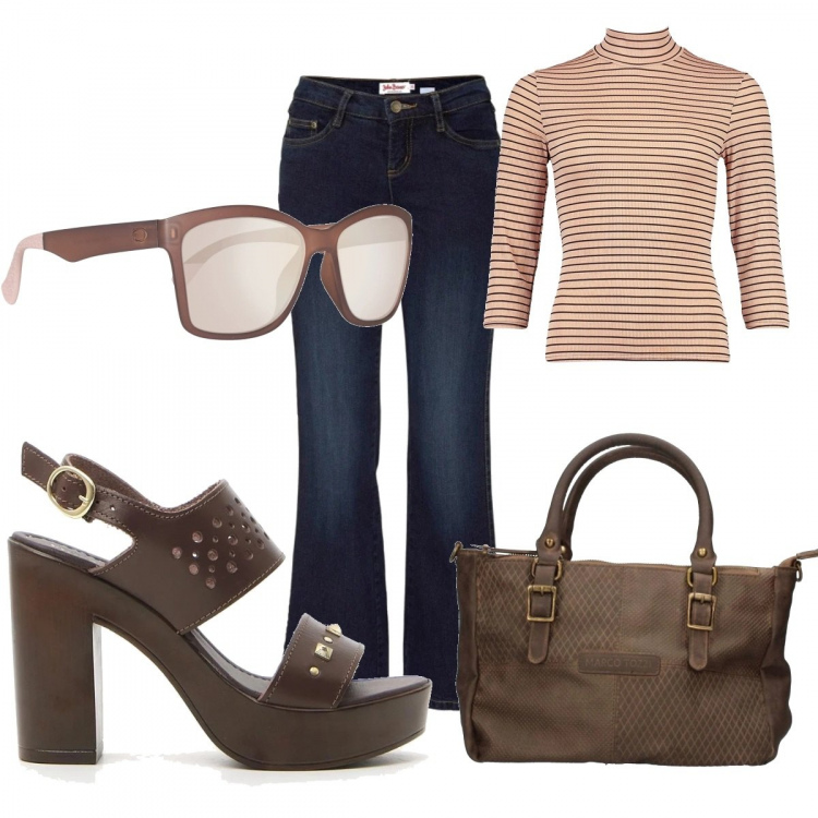 Outfit donna - Trendy nerd. Stile Basic per Tutti i giorni. Abbinamento con jeans bootcut, top, borsa a spalla, sandali, occhiali da sole.