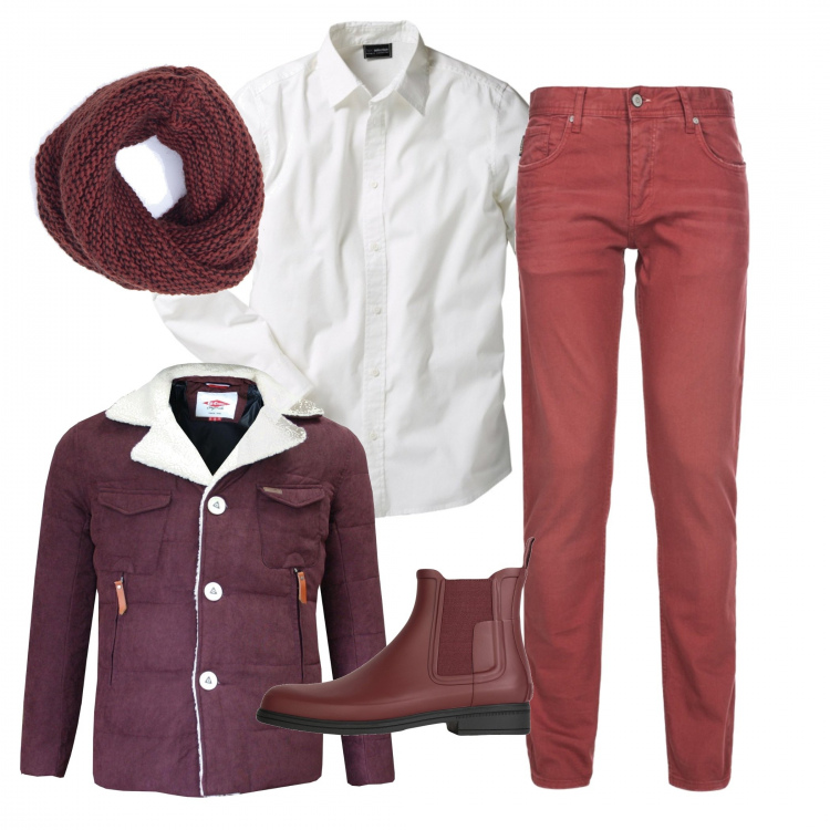 Outfit uomo - Trendy #2355. Stile Trendy per Tutti i giorni. Abbinamento con camicie, stivaletti con tacco squadrato e punta tonda tinta unita, sciarpe, giubbotto, pantaloni.
