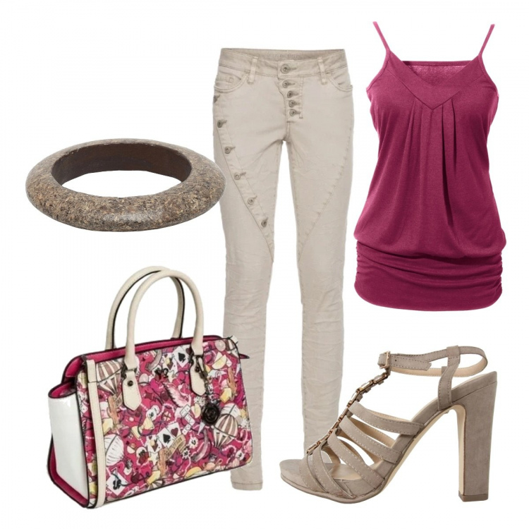 Outfit donna - Trendy beje. Stile Trendy per Tutti i giorni. Abbinamento con top, pantaloni, braccialetti, borse a mano, scarpe col tacco.