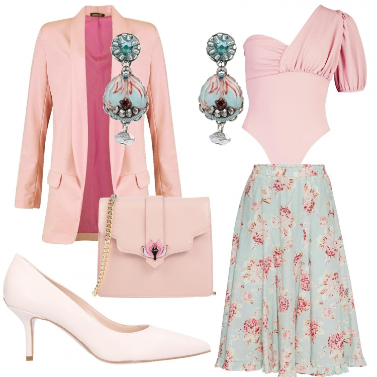 Outfit donna - Blazer rosa. Stile Chic per Serata fuori. Abbinamento con gonne, orecchini, borse a spalla, décolleté, corpo, blazer.
