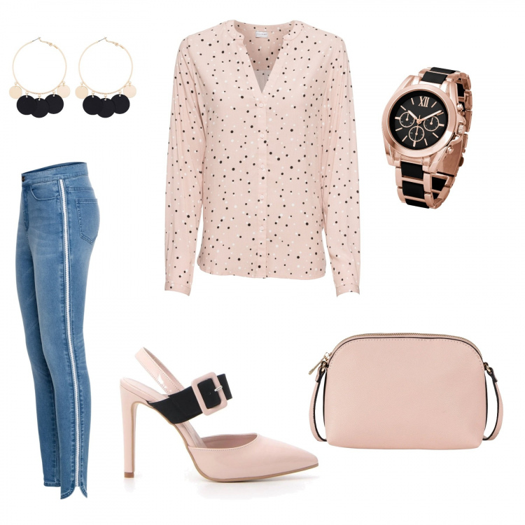 Outfit donna - Jeans e camicia. Stile Trendy per Tutti i giorni. Abbinamento con camicie, jeans, cappelli con visiera, top, orecchini, décolleté.