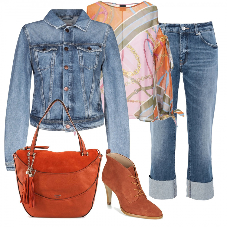 Outfit mujer - Naranja y denim. Estilo Trendy para Todos los días. Combinación con botines, borsa a mano, camicia in viscosa multicolore, pantalone in denim, giubbino in denim.
