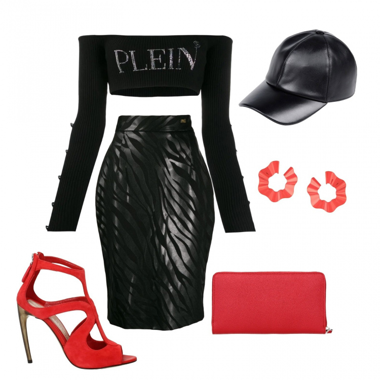 Outfit donna - Blackandredpassion. Stile Trendy per Serata fuori. Abbinamento con cappelli, sandali, portafogli, gonna, top, orecchini.
