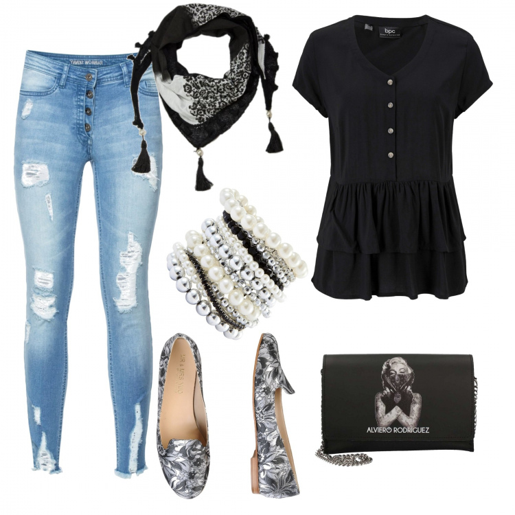Outfit donna - Urban #9301. Stile Urban per Scuola/Università. Abbinamento con braccialetti, camicia, jeans strappati, mocassini, borsa a tracolla, scialle.