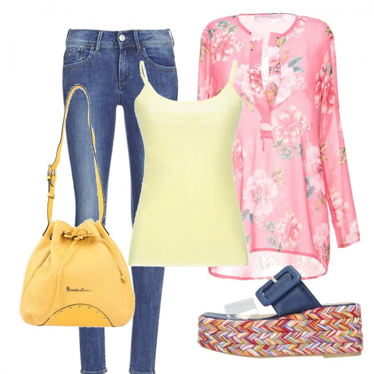 Outfit donna - Il colore dei fiori. Stile Etnico per Tutti i giorni. Abbinamento con sandali con tacco, camicia, borse a secchiello, top, jeans skinny.