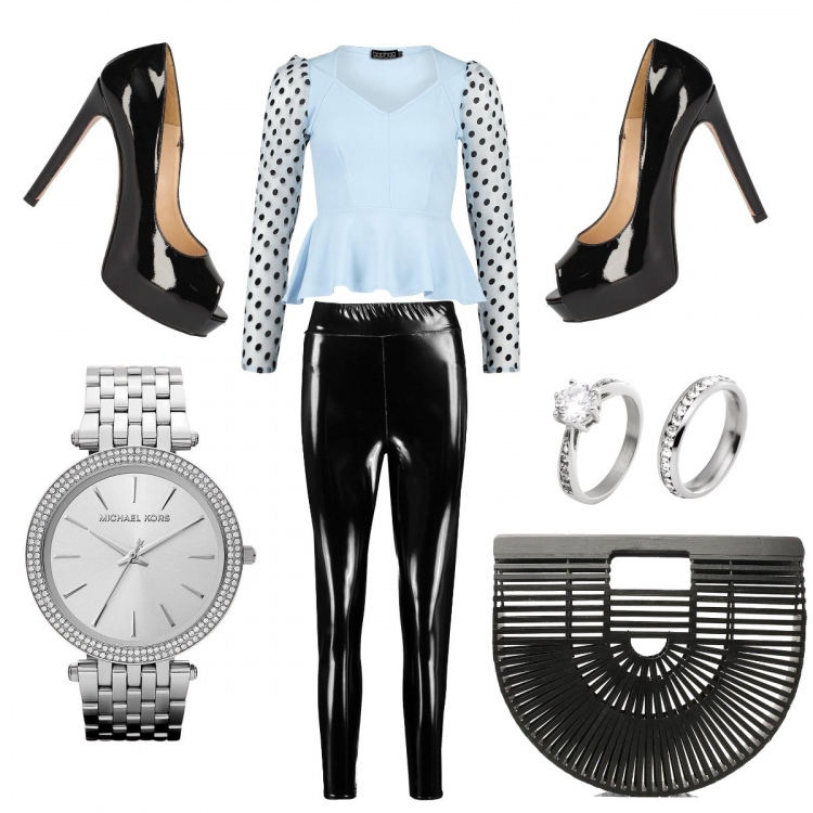 Outfit donna - Il leggings che non immaginavo. Stile Sexy per Serata fuori. Abbinamento con anelli, top, borsa, leggings, décolleté, orologi analogici.