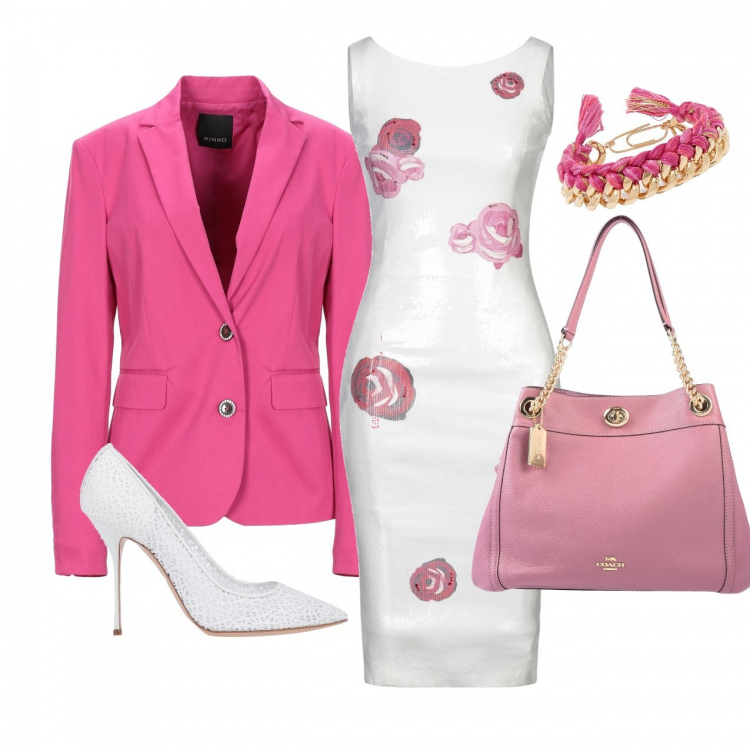 Outfit donna - Rosa, rose. Stile Chic Abbinamento con vestiti midi/longuette, borse a mano, blazer, braccialetti, zeppe.