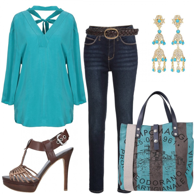 Outfit donna - Il turchese ti fa bella. Stile Basic per Tutti i giorni. Abbinamento con jeans slim fit, bluse, borsa a mano, sandali con tacco, orecchini, cinture.
