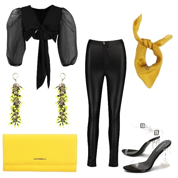 Outfit mujer - Conjunto de noche. Estilo Trendy para Noche/Fiesta elegante. look ideal para Tall/Alta. Combinación con sciarpa, zapatos de tacón, jeans skinny in denim, top petite in organza nudo, portamonete, pendientes.