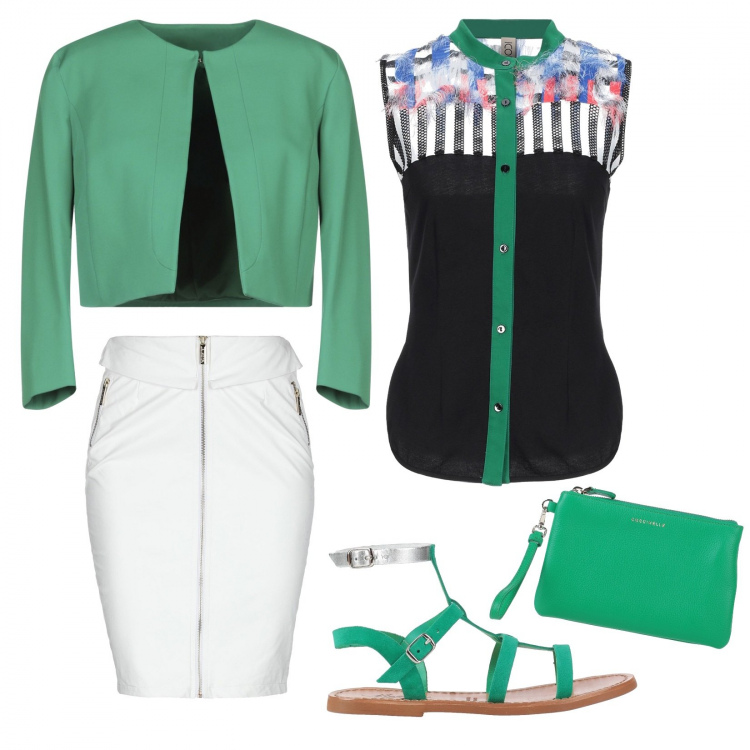 Outfit mujer - Estupenda!!. Estilo Bon Ton para Oficina. Combinación con camicia jersey multicolore, minifaldas, sandalias, zuecos, mules y chanclas de moda, borsa a tracolla mini, blazers.