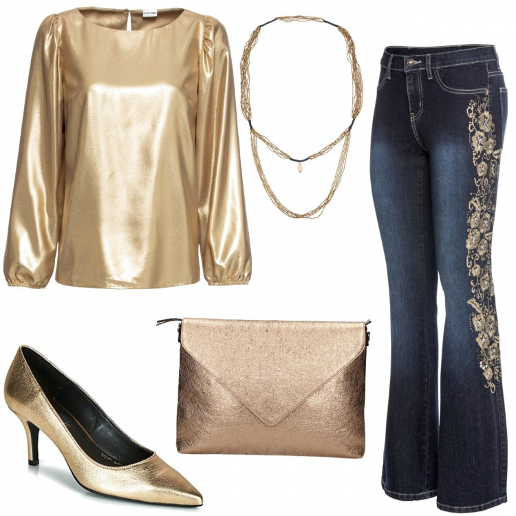 Outfit donna - Preziosa come l’oro. Stile Trendy per Serata fuori. Abbinamento con jeans bootcut, bluse, collane, décolleté, borsa.