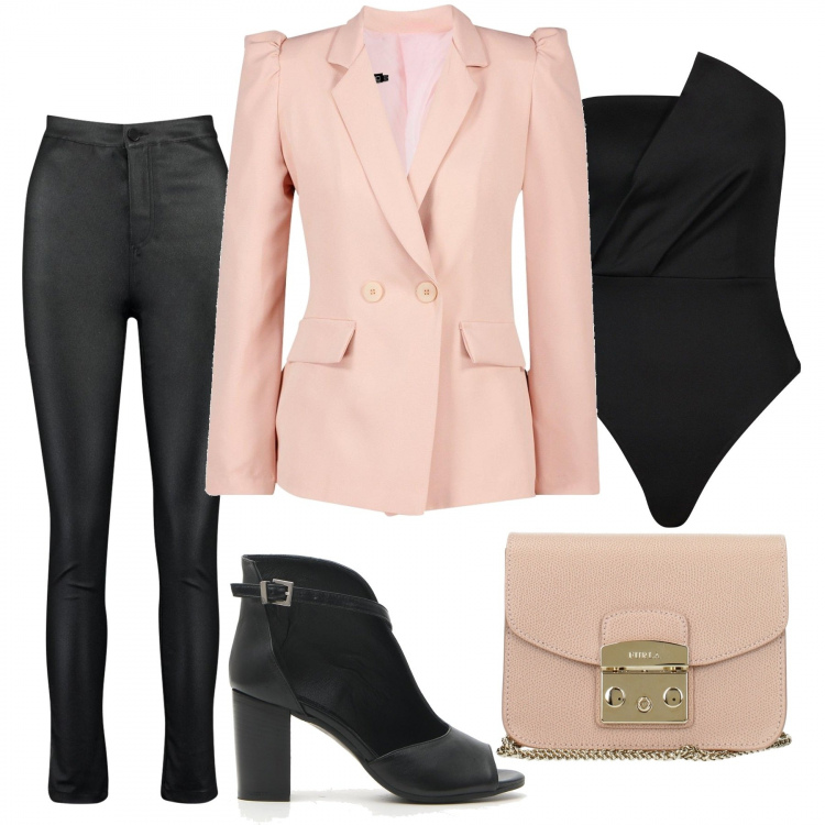 Outfit donna - Love blazer. Stile Urban per Ufficio. Abbinamento con corpo, blazer, pantalone skinny, borsa a tracolla, sandali.